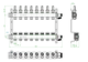 Oventrop Heizkreisverteiler mit mehreren Anschlüssen, Durchflusssensoren und Regelmechanismen, abgebildet in einer schematischen Darstellung.